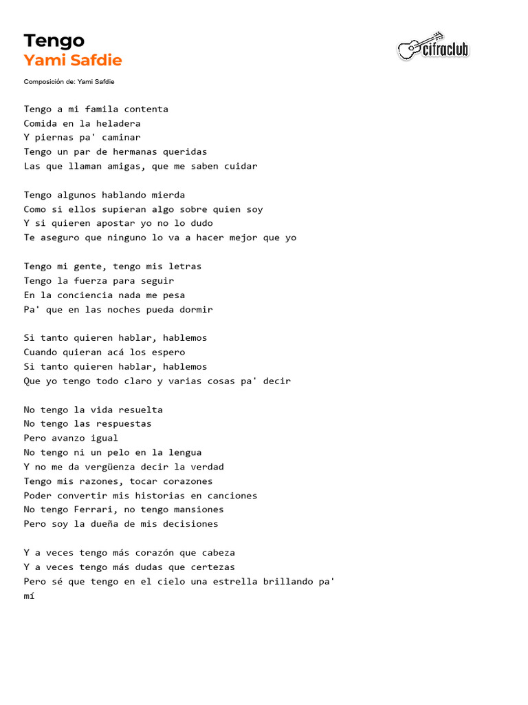 Yami Safdie - Tengo LETRA | PDF