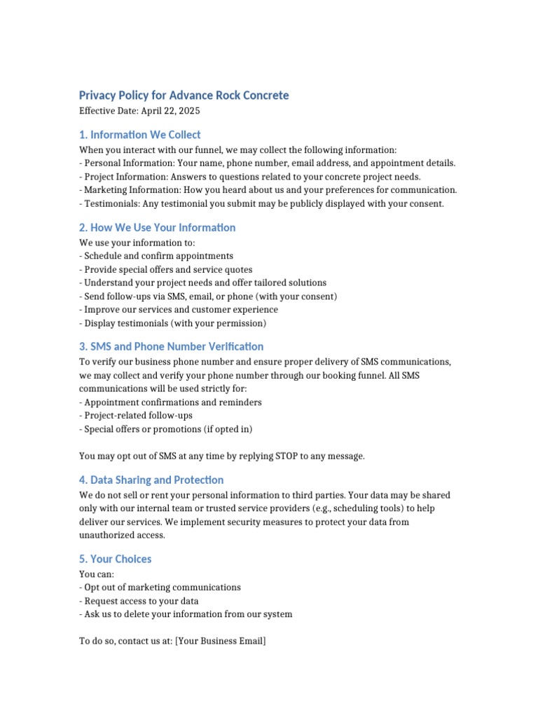 Privacy Policy for Advance Rock Concrete | PDF