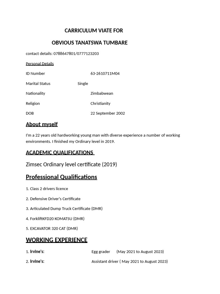 Zimbabwean CV with Driver's License | PDF