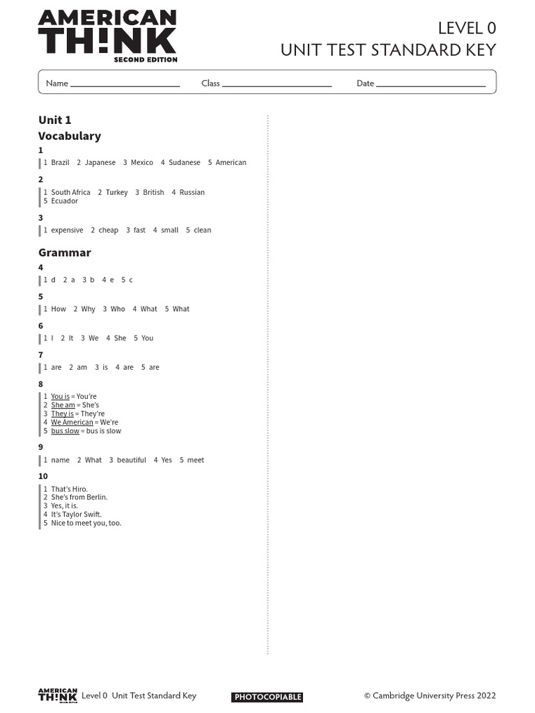 Level 0 Answer Key | PDF