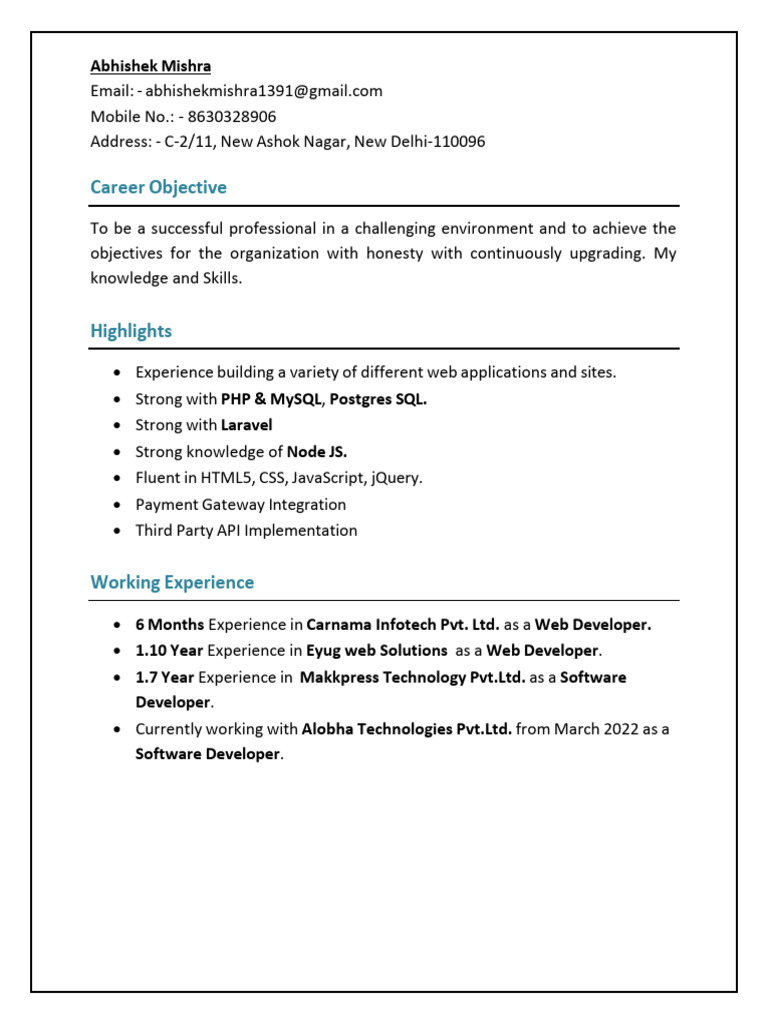Web Developer Resume of Abhishek Mishra | PDF | Java Script | Websites