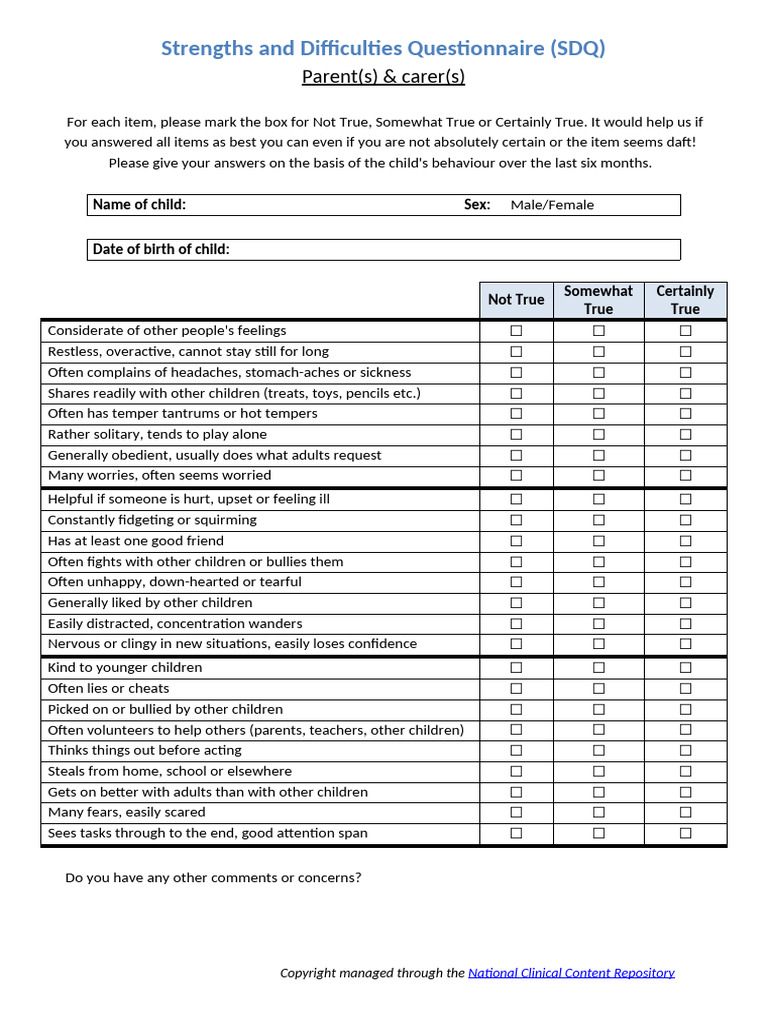 SDQ Parent Questionnaire Download | PDF | Interpersonal Relationships ...