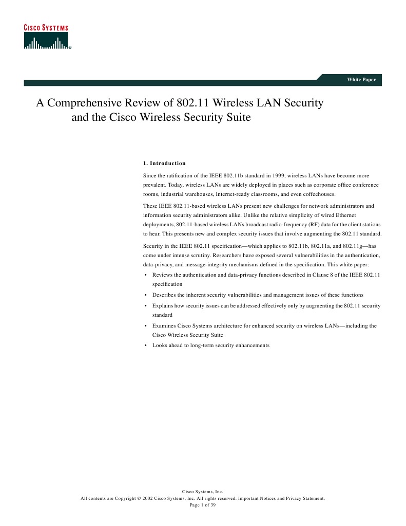 A Comprehensive Review of 802.11 Wireless LAN Security and The Cisco ...