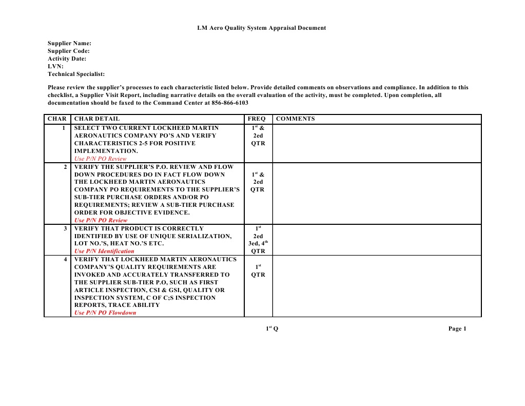 Assessing Supplier Quality Compliance to Lockheed Martin Aeronautics