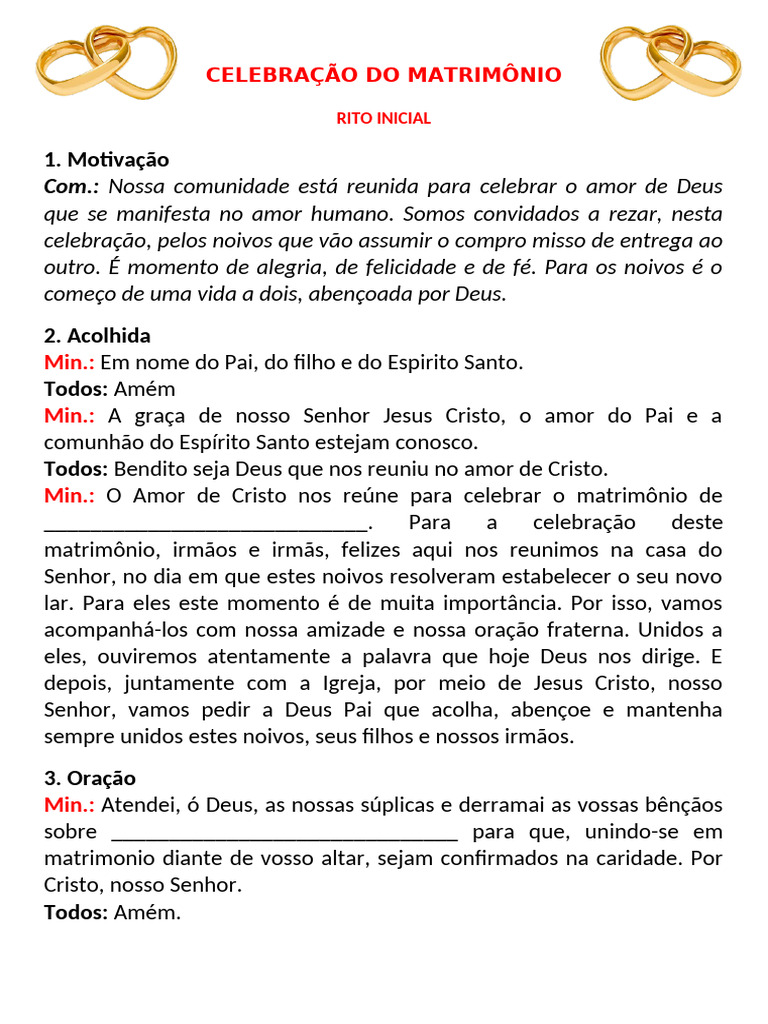 Celebração do Matrimônio: Rito e Bênçãos | PDF | Oração | Amor