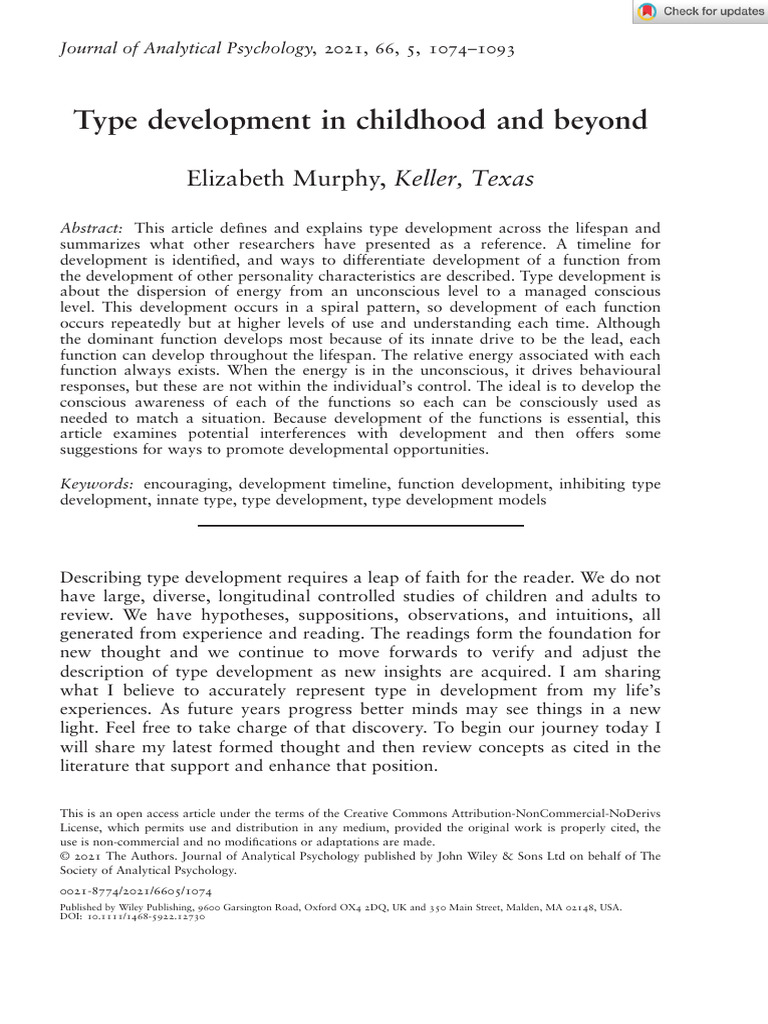 J Analytical Psychology - 2021 - Murphy - Type Development in Childhood ...