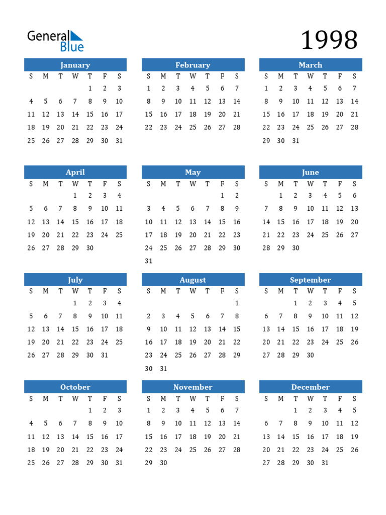 1998 Calendar Portrait Sunday Start | PDF