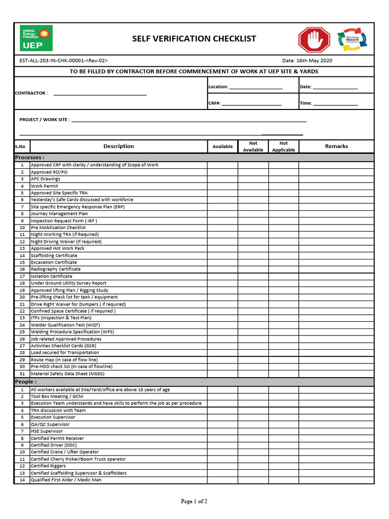 Contractor Self Verification Checklist | PDF