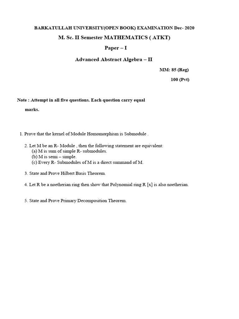 M.Sc. MATHEMATICS II SEM Dec-2020 | PDF | Ring (Mathematics) | Module ...