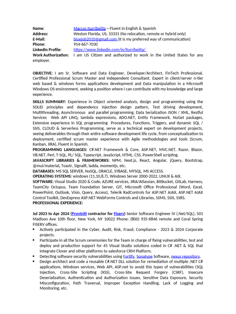 Senior Software Engineer Profile | PDF | Microsoft Sql Server | Databases