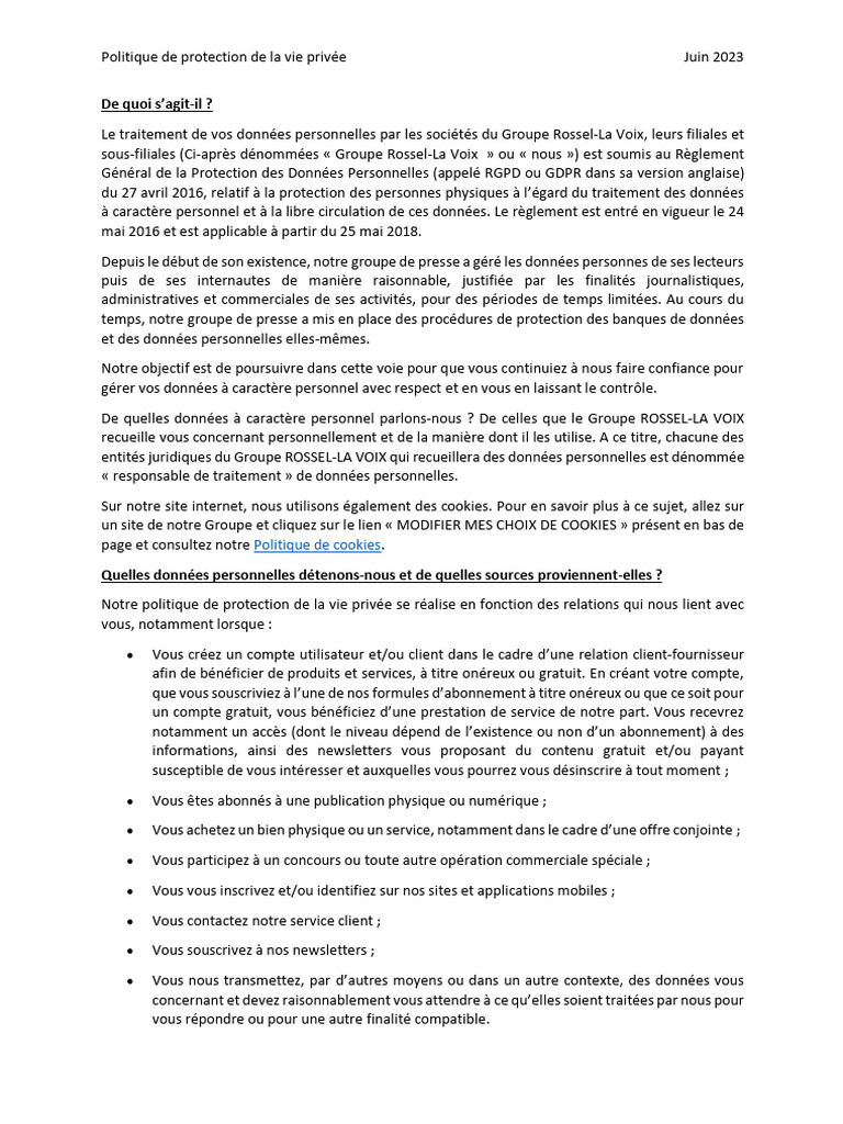 Politique de confidentialité du Groupe Rossel | PDF | Réseautage social ...