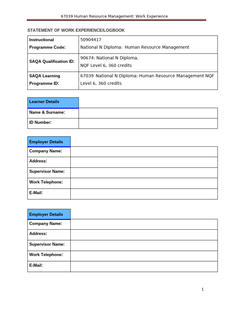 HR Management Work Experience Logbook | PDF | Human Resources | Human ...