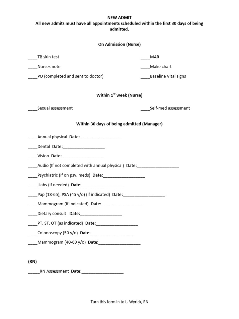 New Admit Appointment Checklist | PDF