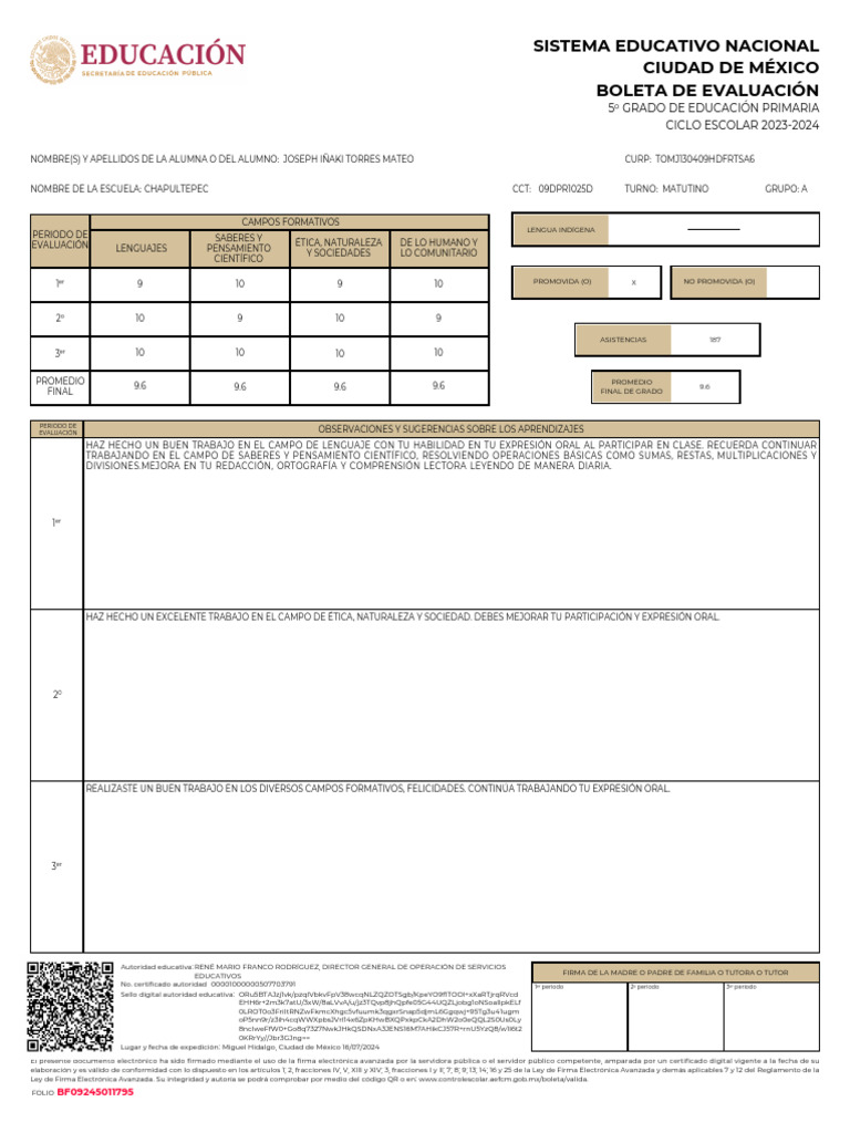 Boleta de Evaluación 5° Primaria 2024 | PDF | Aprendizaje