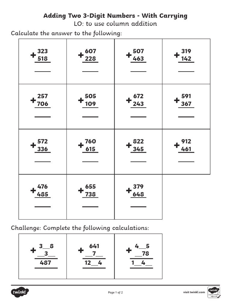 t2 M 776 Adding Two 3 Digit Numbers in A Column With Carrying Answers ...