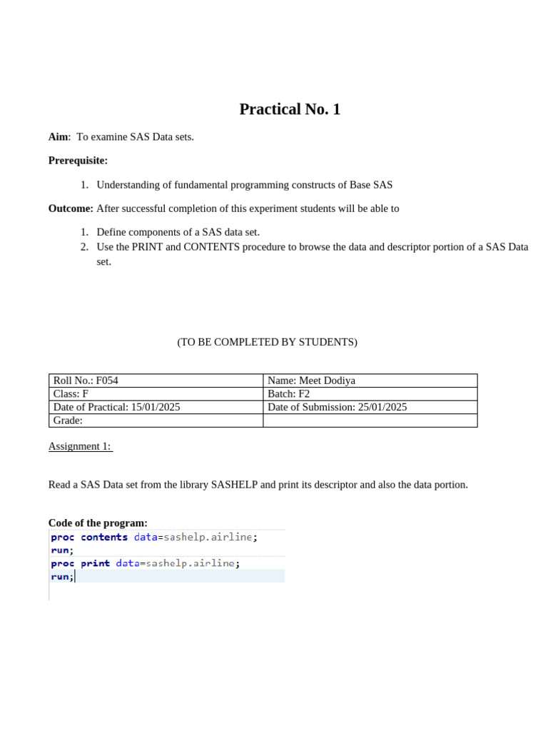 F054 Meet Dodiya PA Lab 1 9MTzvhFfJn | PDF | Sas (Software) | Computing