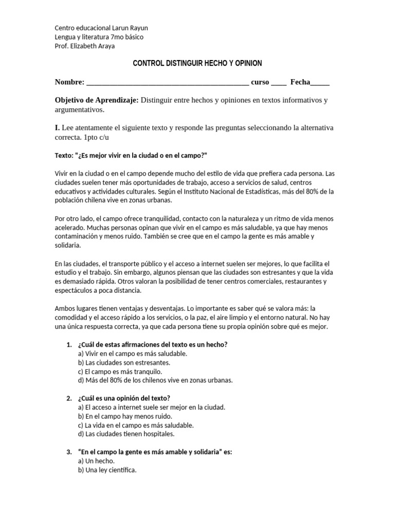CONTROL DISTINGUIR HECHO Y OPINION 7mo Basico | PDF
