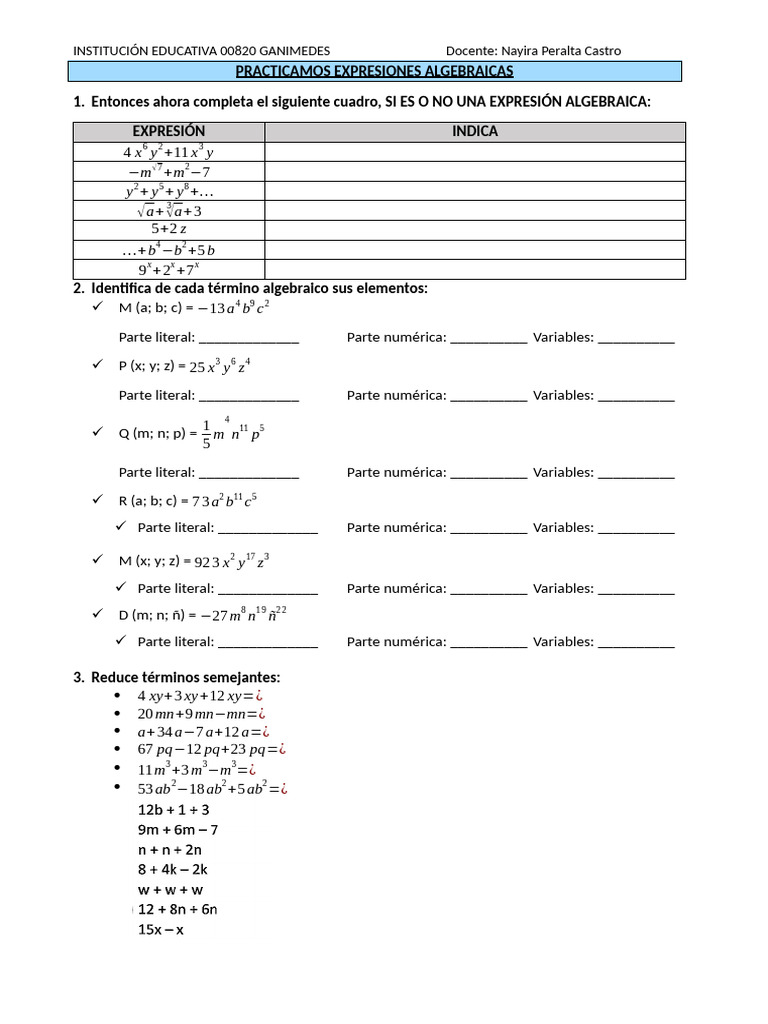 PRACTICAMOS EXPRESIONES ALGEBRAICAS 2do Secundaria | PDF