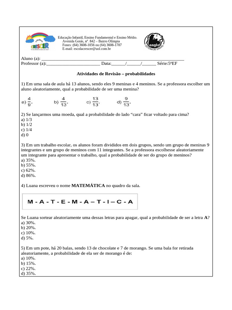Atividades de Probabilidade 5º Ano | PDF