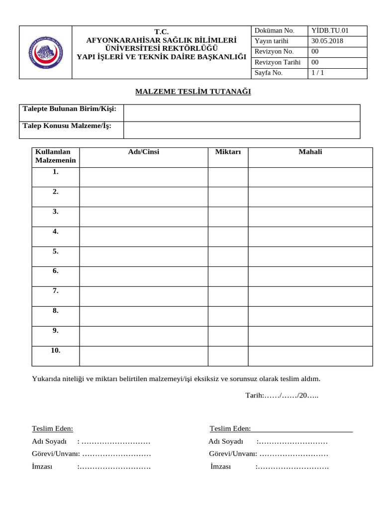 Malzeme Teslim Tutanağı | PDF