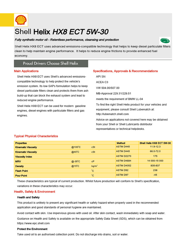 Shell Helix HX8 ECT 5W-30: Main Applications Specifications, Approvals ...