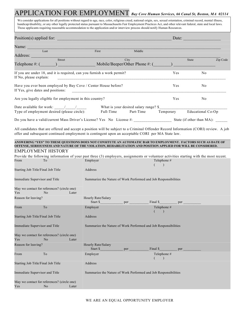 Bay Cove Employment Application Form | PDF | Employment | Government ...