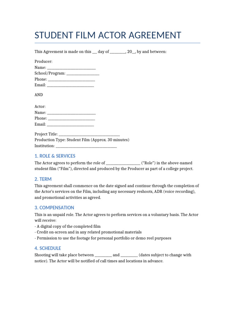 Student Film Actor Agreement Template | PDF