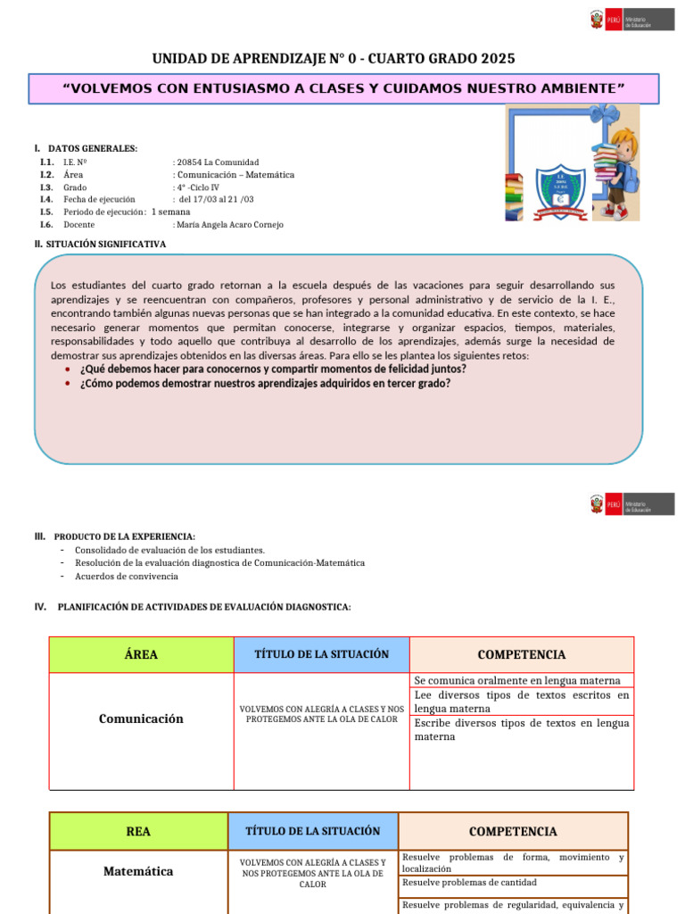 Unidad de Aprendizaje 4° Grado 2025 | PDF | Evaluación | Datos