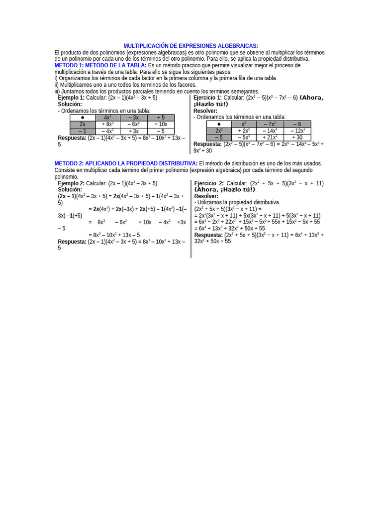 Multiplicación de Expresiones Algebraicas | PDF | Multiplicación ...
