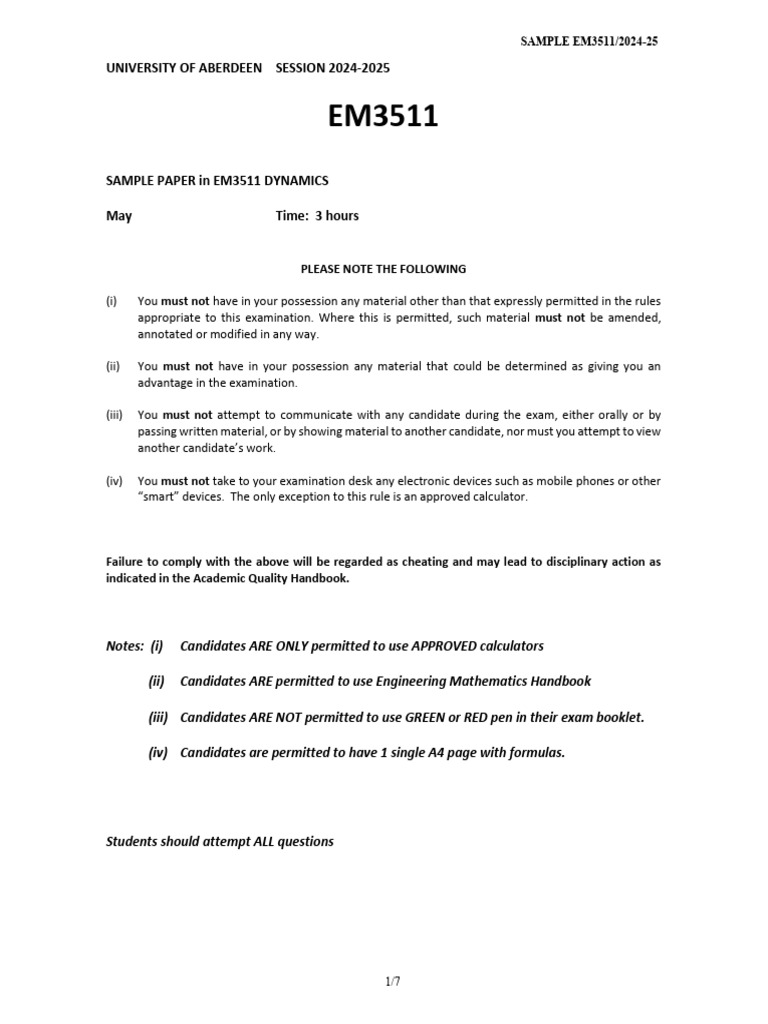 EM3511 Dynamics Sample Exam 2024-25 | PDF | Physical Phenomena | Motion ...