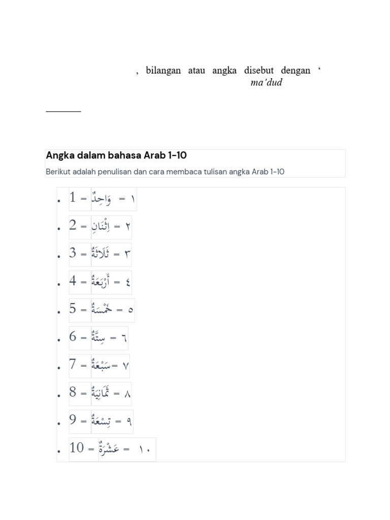 Angka 1-100 dalam Bahasa Arab | PDF