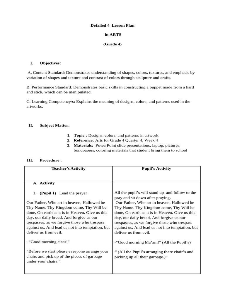 Detailed 4 Lesson Plan IN ARTS | PDF | Lord's Prayer | Color