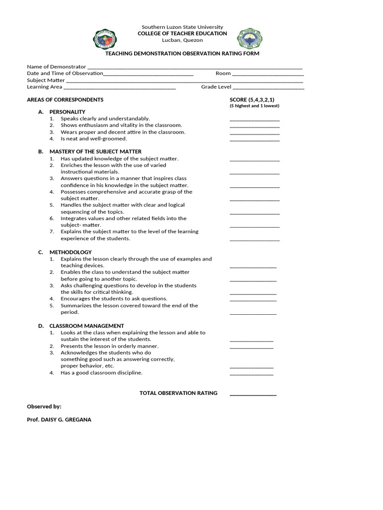 Demo Observation Sheet | PDF | Classroom Management | Cognitive Science