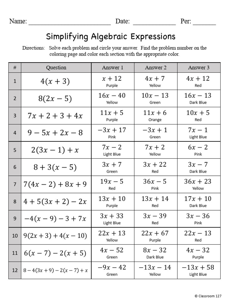 Simplifying Algebraic Expressions Activity | PDF | Green | Red