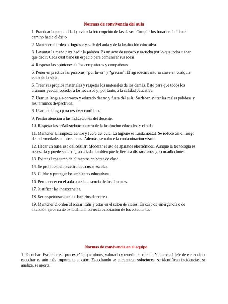 Normas de Convivencia en el Aula y Equipo | PDF | Salón de clases