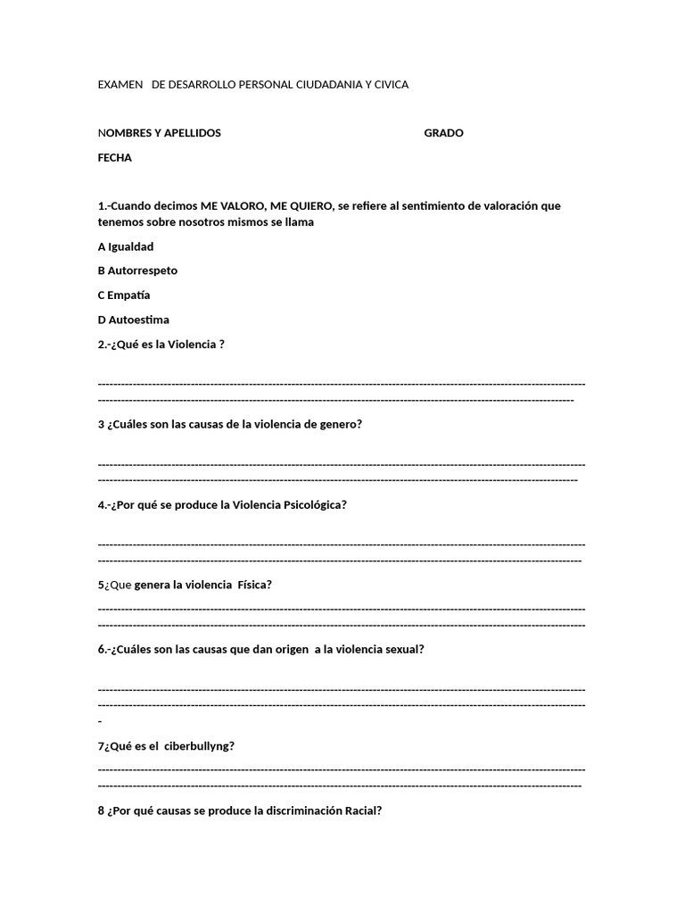 Examen de Desarrollo Personal y Ciudadanía | PDF | Ciencias del ...