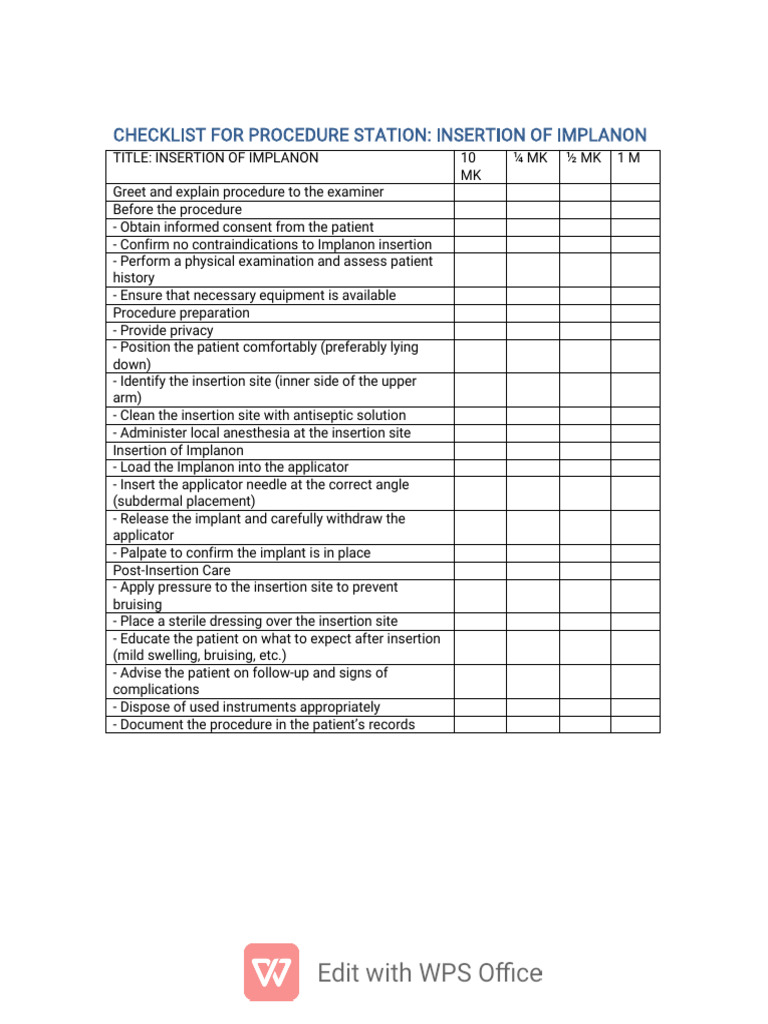 Implanon Insertion Procedure Checklist | PDF