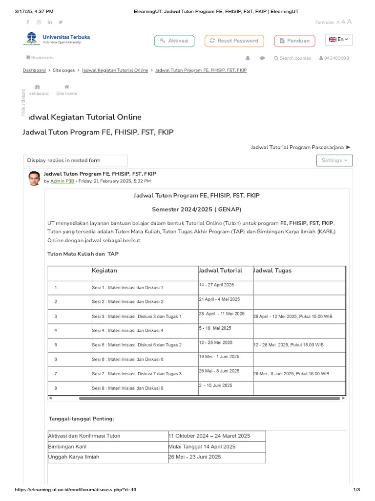Jadwal Tuton 2025 untuk Program UT | PDF