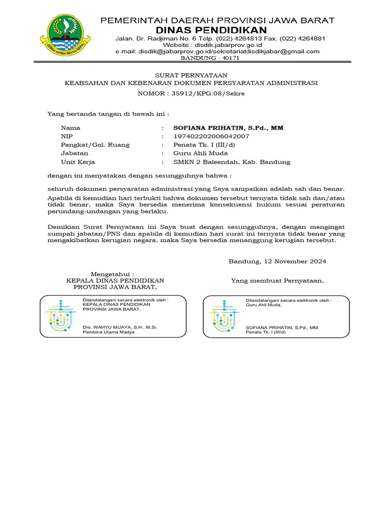 Surat Pernyataan Keabsahan Dokumen PNS | PDF