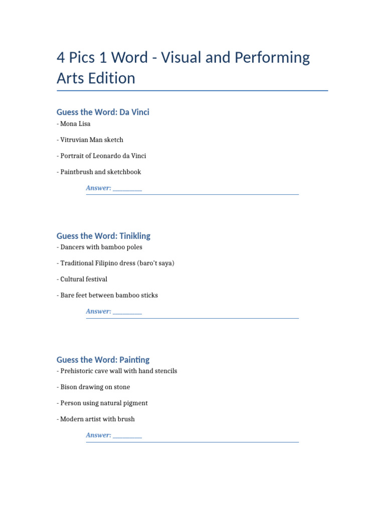 4 Pics 1 Word: Arts Edition Answers | PDF