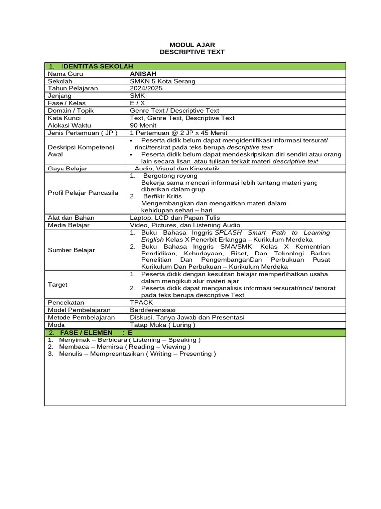 Modul Ajar Descriptive Text SMK | PDF
