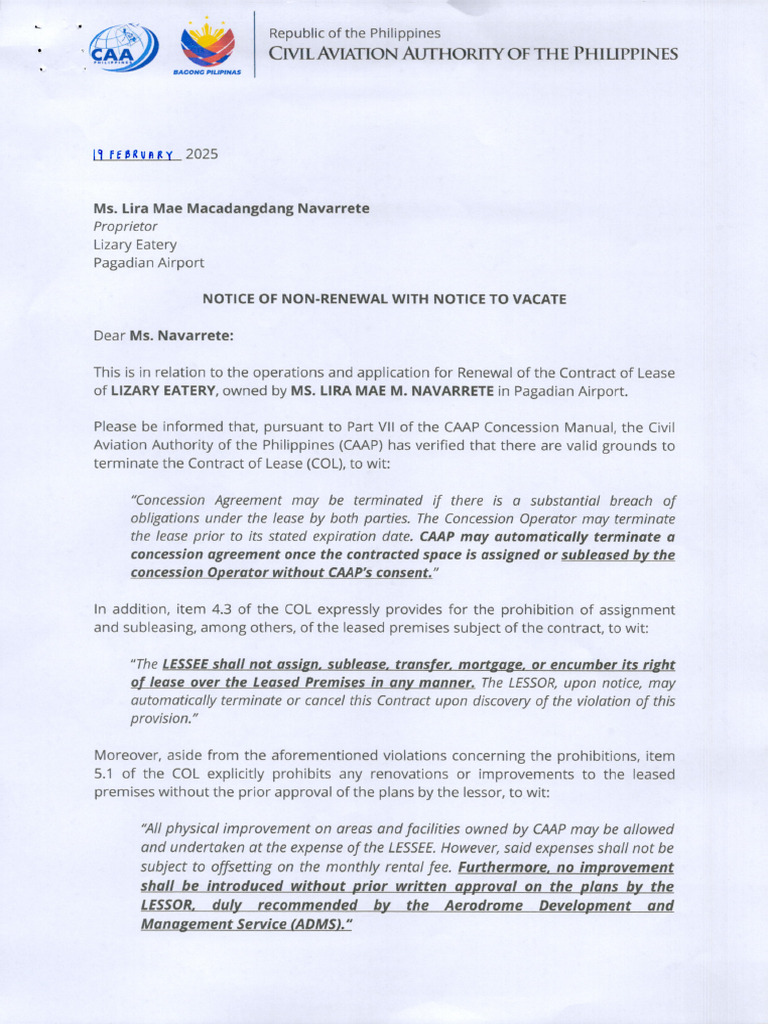 Notice of Non-Renewal With Notice To Vacate - Lizary Eatery | PDF
