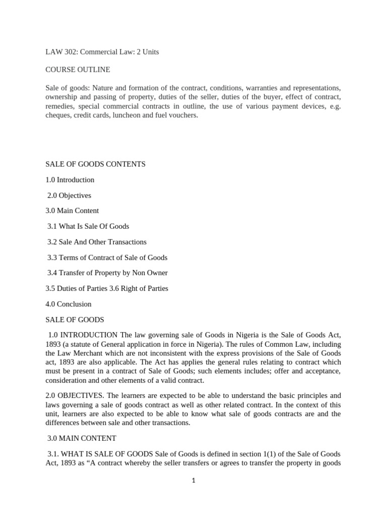 Sale of Goods Law Overview | PDF | Offer And Acceptance | Breach Of ...