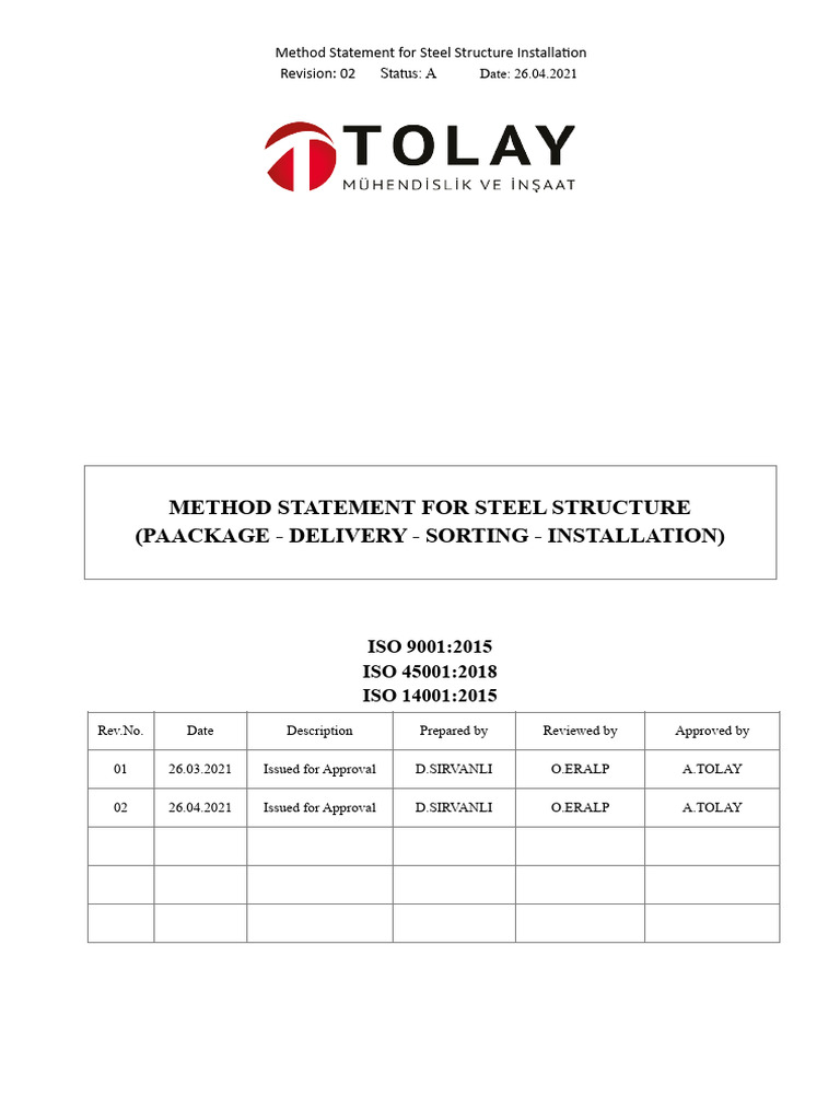 Steel Structure Installation Method Statement | PDF | Screw | Crane ...