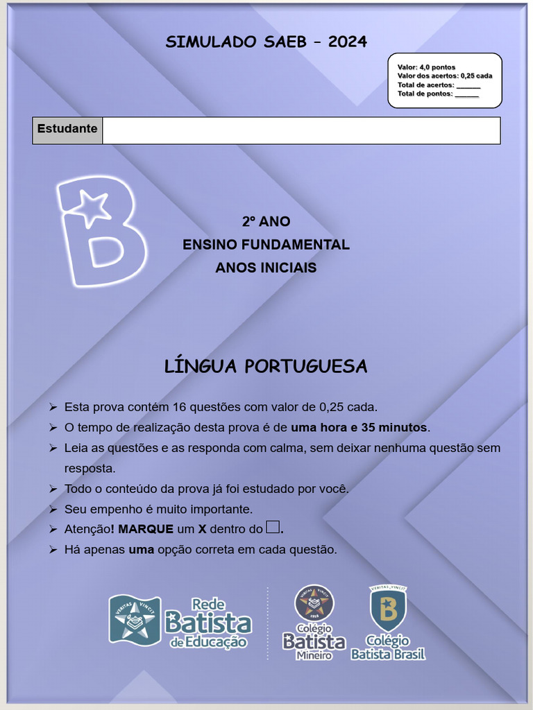 Simulado SAEB 2024: 2º Ano Português | PDF | Brinquedos