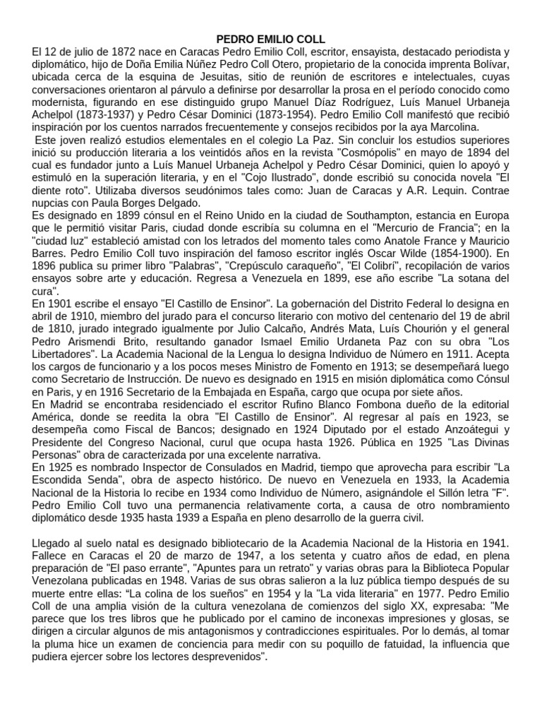 Biografía y obras de Pedro Emilio Coll | PDF
