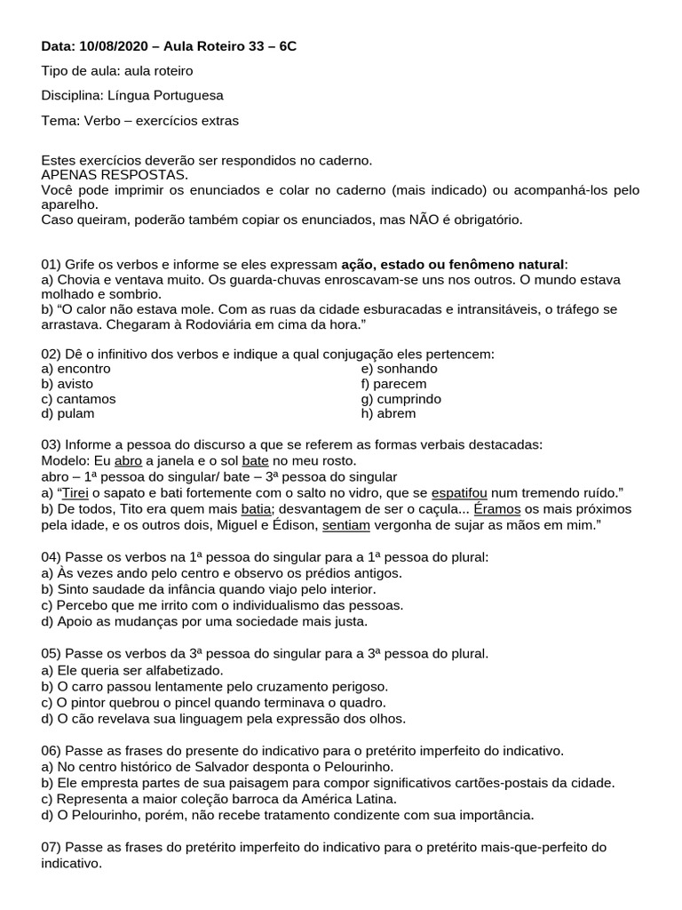 Exercícios de Verbos para 6º Ano | PDF | Conjugação gramática ...