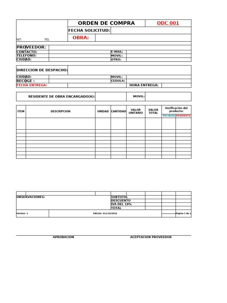 Orden de Compra de Materiales | PDF