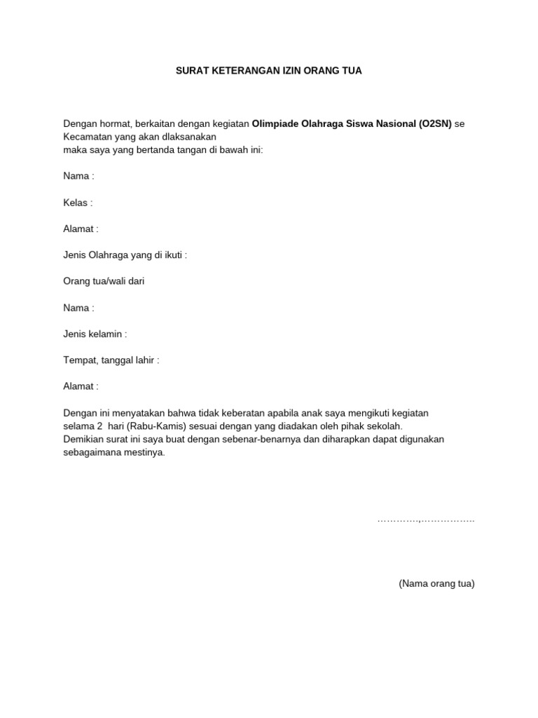 Surat Izin Orang Tua untuk O2SN | PDF