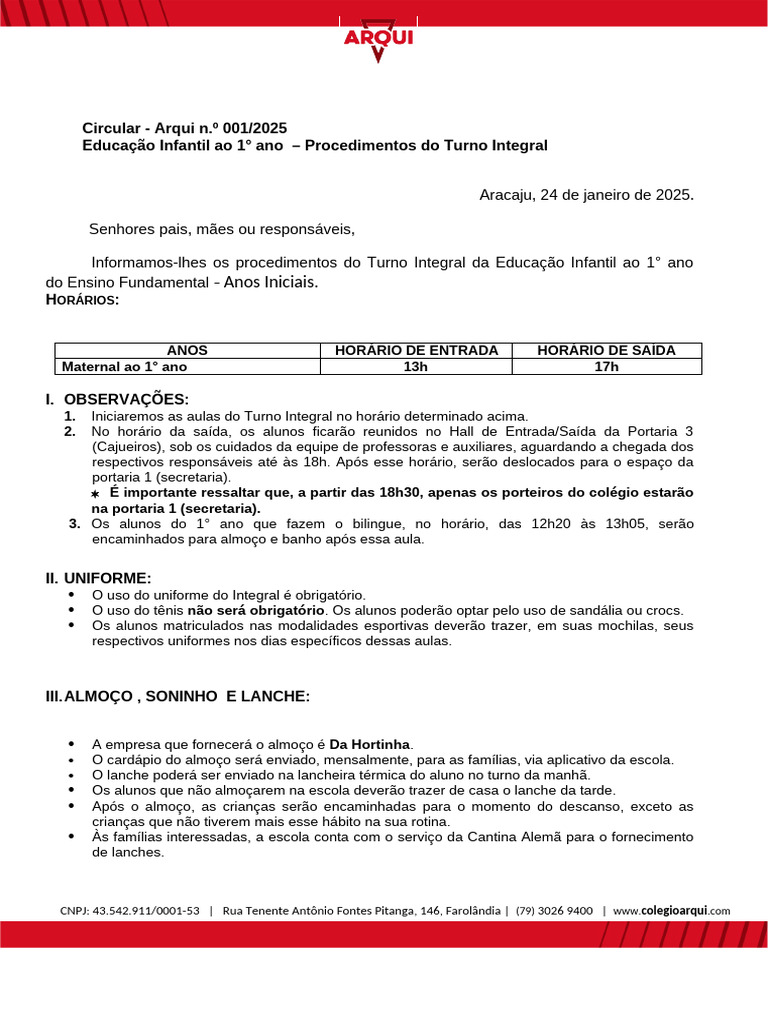 Procedimentos Turno Integral 2025 | PDF